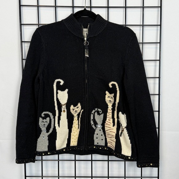 Designers Originals Sweaters - Vintage Designers‎ Originals Sweater Womens Medium Petite Black Cat Lover Zip